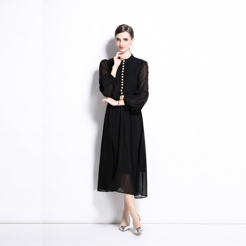 Heavy Industry Metal Buckle Pleated Stitching Puff Sleeve Waist-controlled Large Hem Temperament Long Dress